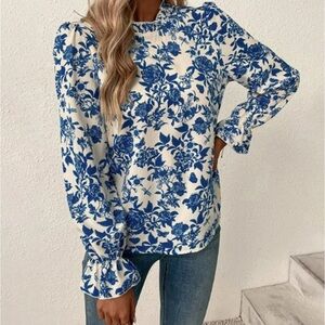 Floral Blue and White Women's Top